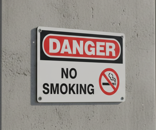 No smoking sign with 'Danger' warning on a concrete wall.