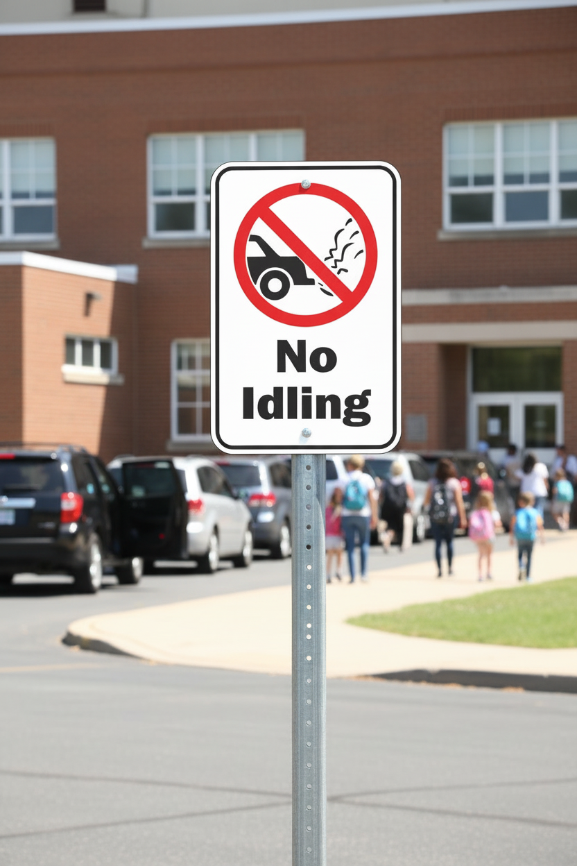 A metal signpost featuring a 'No Idling' sign with a red circle and slash over a black car icon, set against a blurred background of a school or parking lot with people and cars.