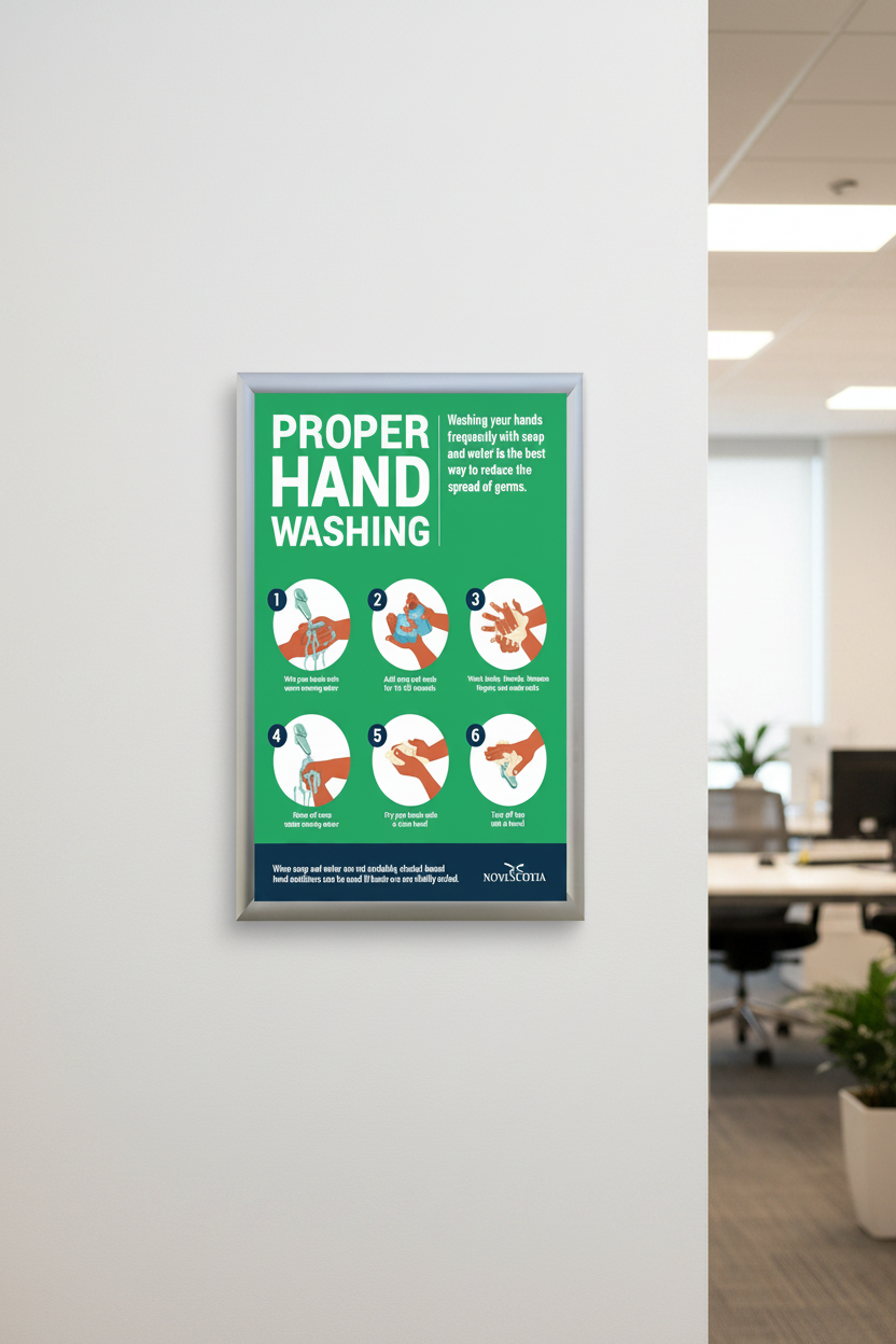 Poster on proper hand washing with steps illustrated and text explaining the importance of hand hygiene.