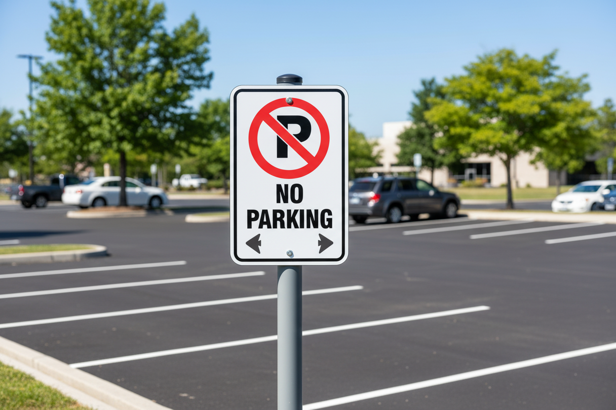 No Parking Sign on Post in Parking Lot - Landscape