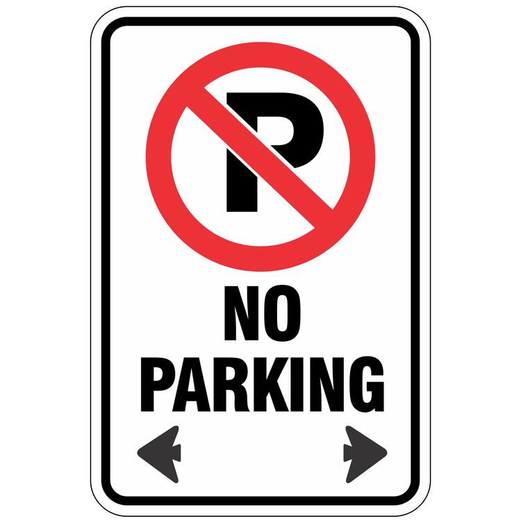 No parking sign, symbol and copy.
