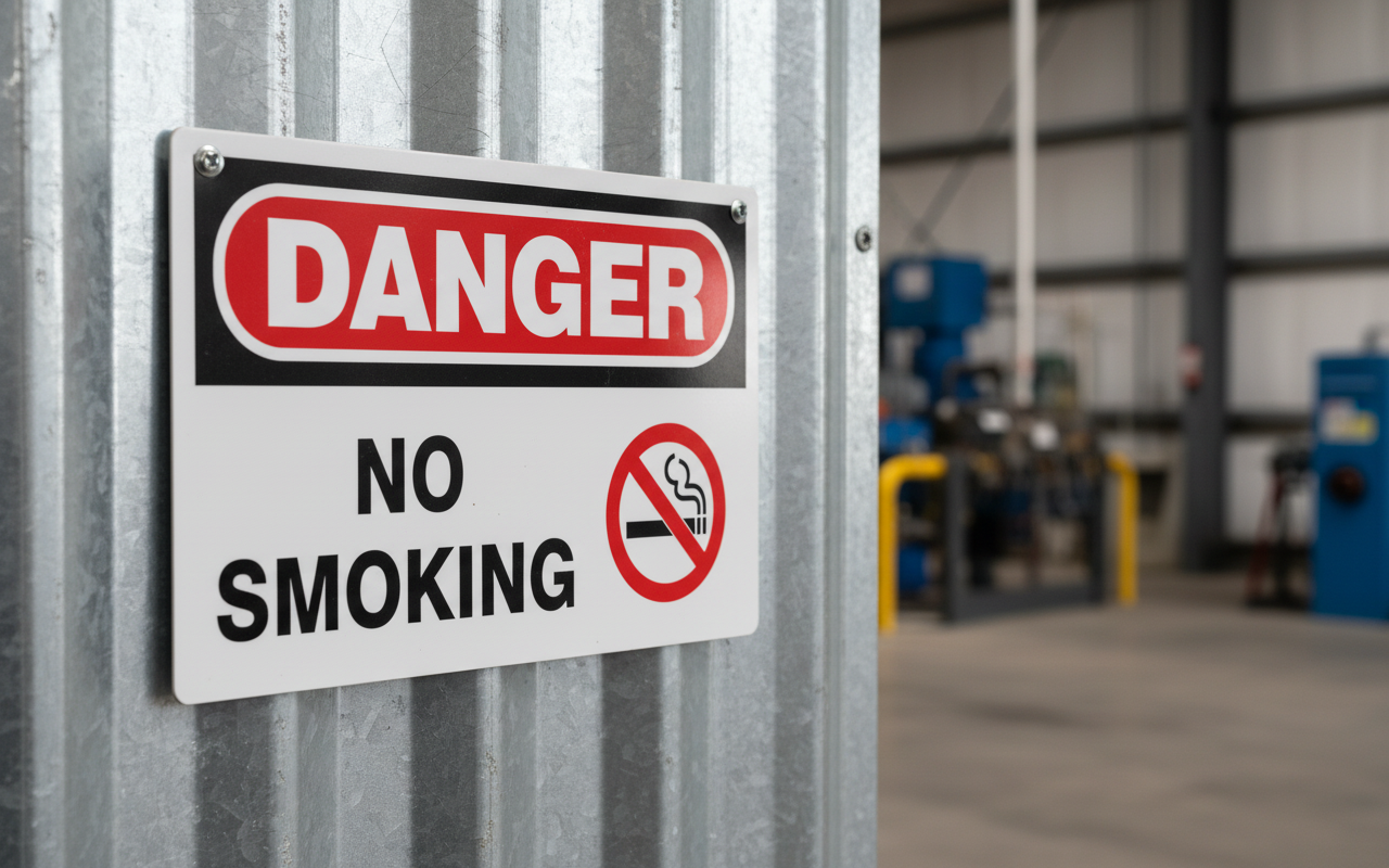 No smoking sign on a metal wall with a blurred industrial background