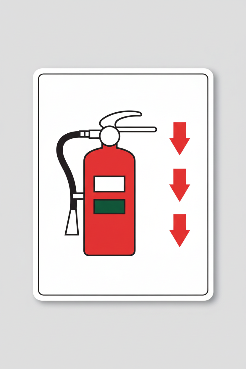 Fire extinguisher symbol with red arrows pointing downwards on a white background