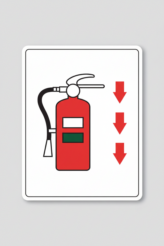 Fire extinguisher symbol with red arrows pointing downwards on a white background