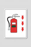 Fire extinguisher symbol with red arrows pointing downwards on a white background