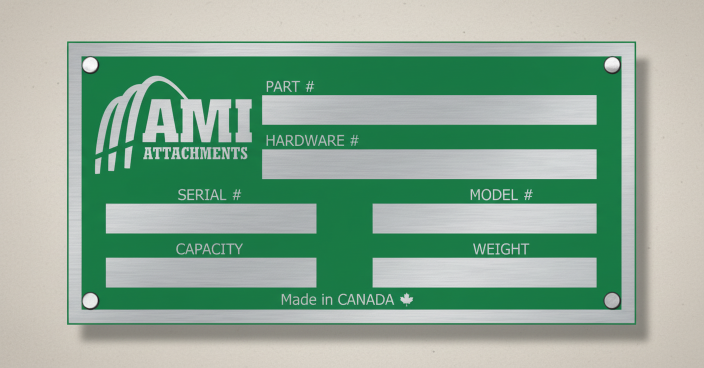 Green label with AMI Attachments branding on a beige background