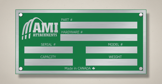 Green label with AMI Attachments branding on a beige background