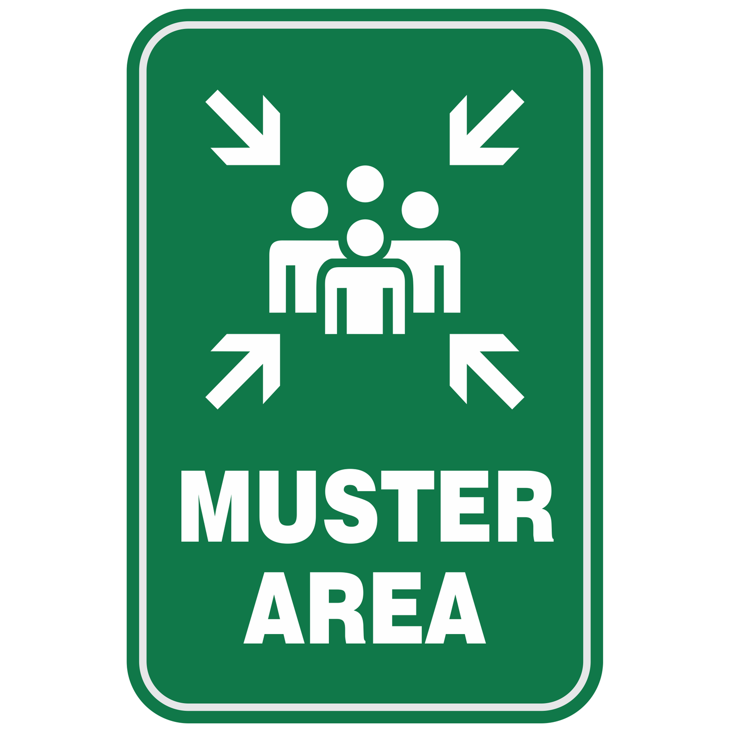 Muster Area sign with green background and white lettering