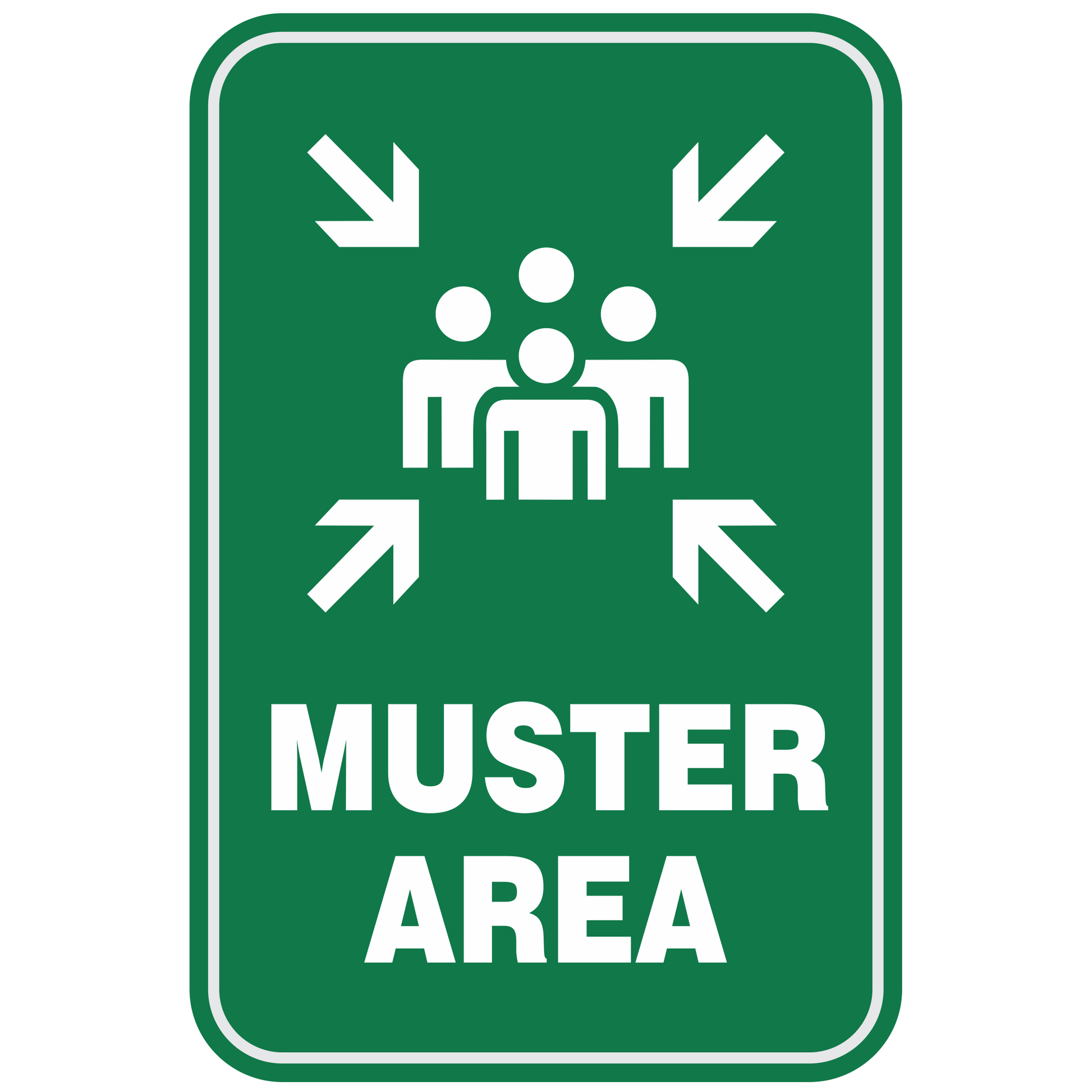 Muster Area sign with green background and white lettering