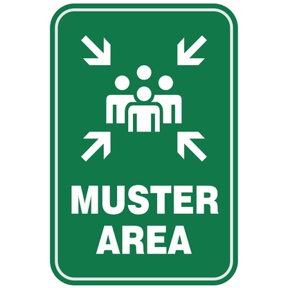 Muster Area sign with green background and white lettering