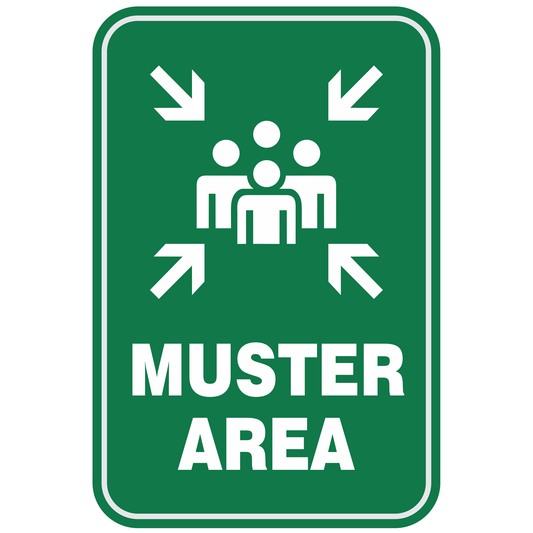 Muster Area sign with green background and white lettering