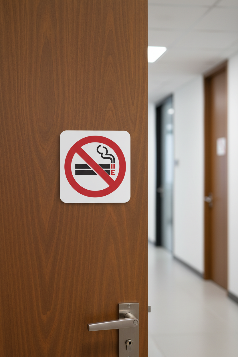 A square white no-smoking sign with a red circle and slash over a cigarette icon, mounted on a brown wooden door in an office hallway.