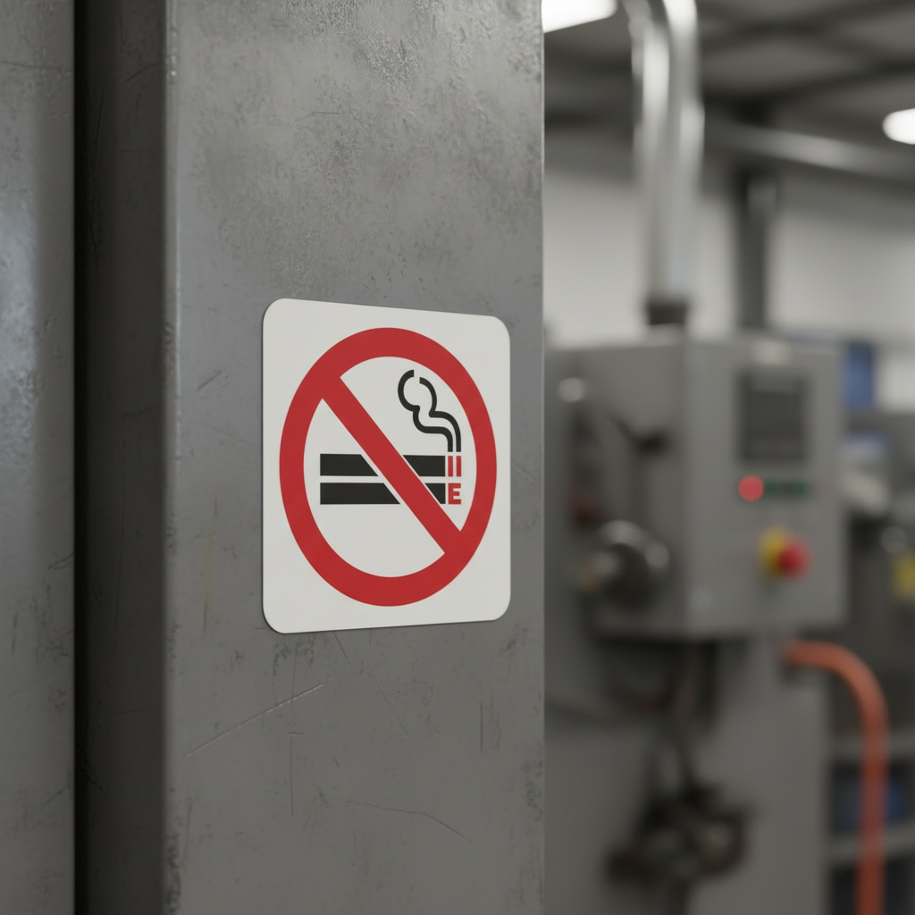A square white 'No Smoking' sign with a red circle and slash over a cigarette icon, mounted on a gray metal machine column in an industrial setting.