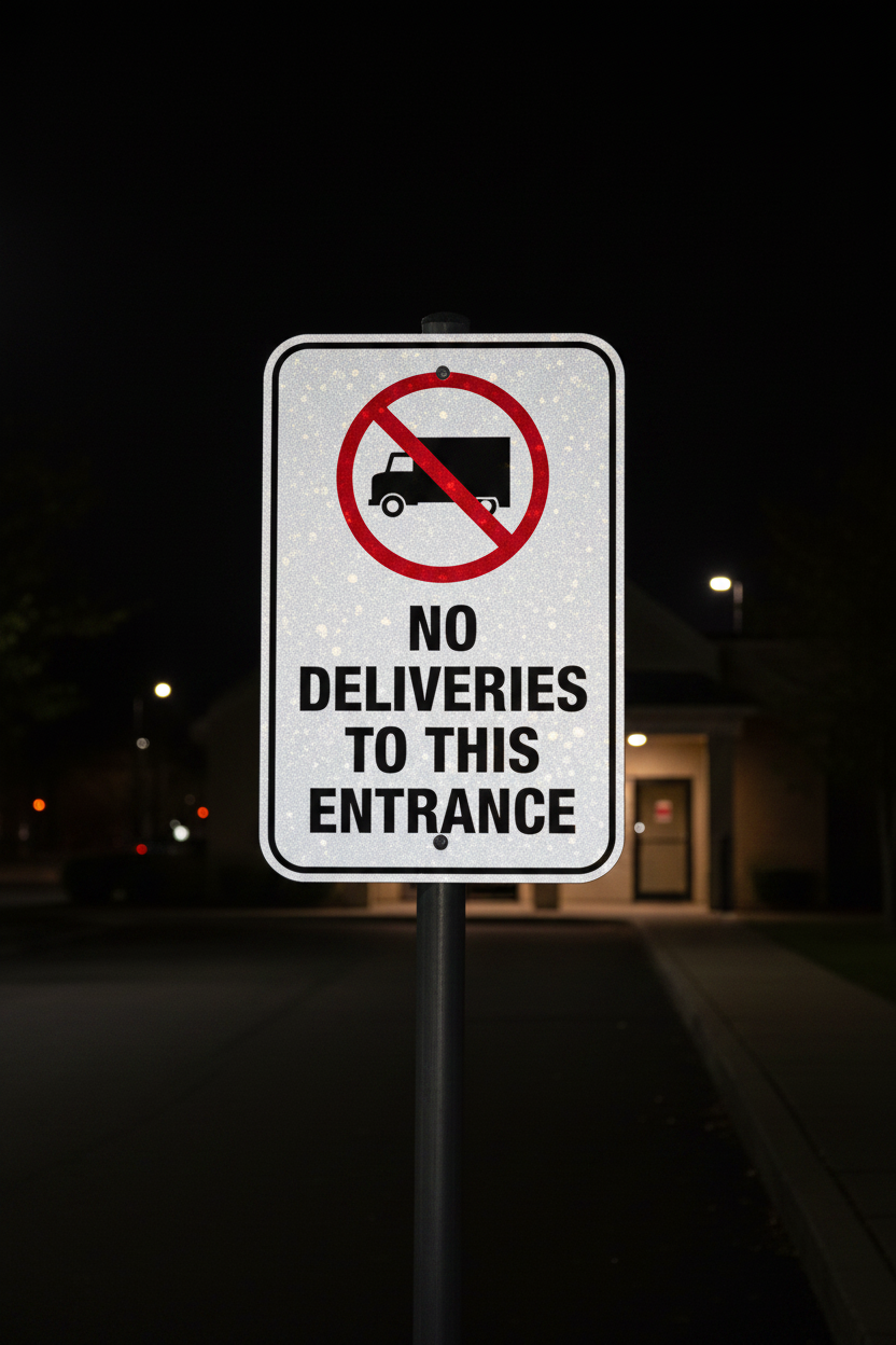 No deliveries to this entrance sign with a red circle and line over a truck icon.