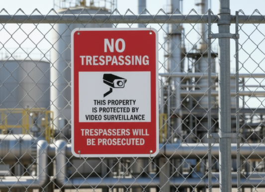 No trespassing sign on a chain-link fence with industrial background