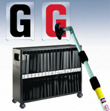 Telescopic letter holder with letters and a stand on a white background