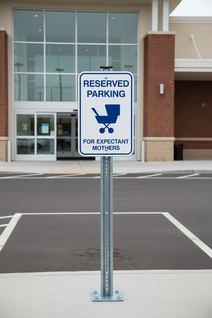 Reserved parking sign for expectant mothers in front of a building entrance.
