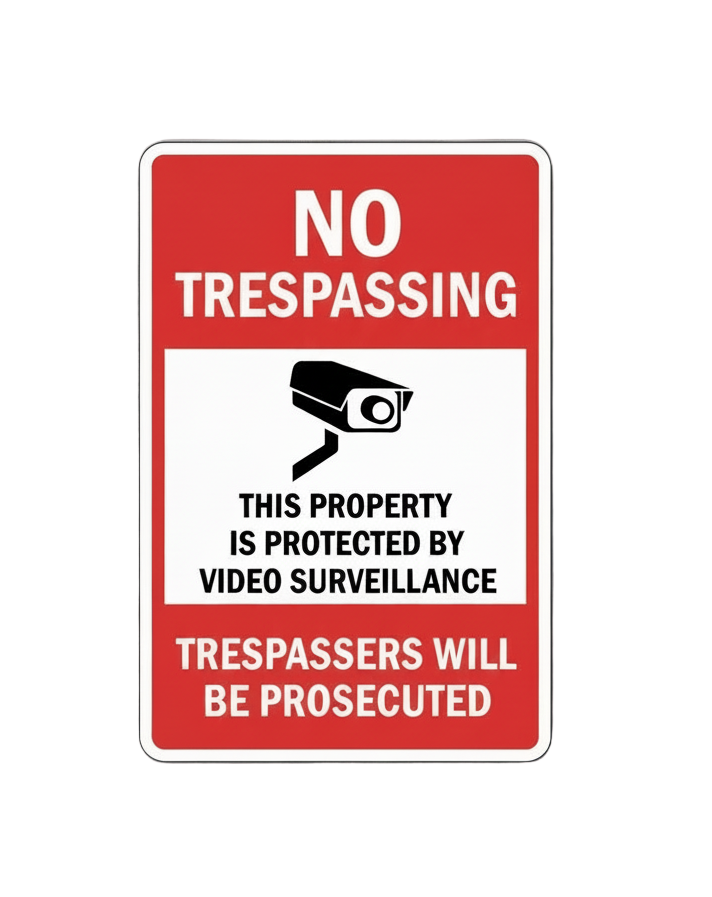 No trespassing sign with video surveillance warning on a white background