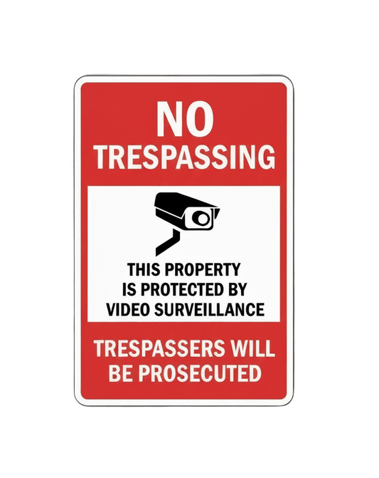 No trespassing sign with video surveillance warning on a white background