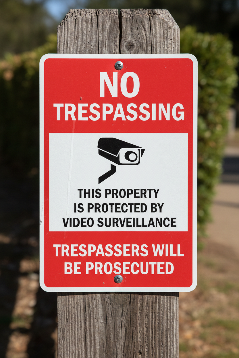 No trespassing sign with video surveillance warning on a wooden post.