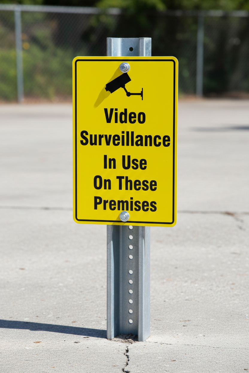 Yellow sign with black text and a camera icon, warning of video surveillance.