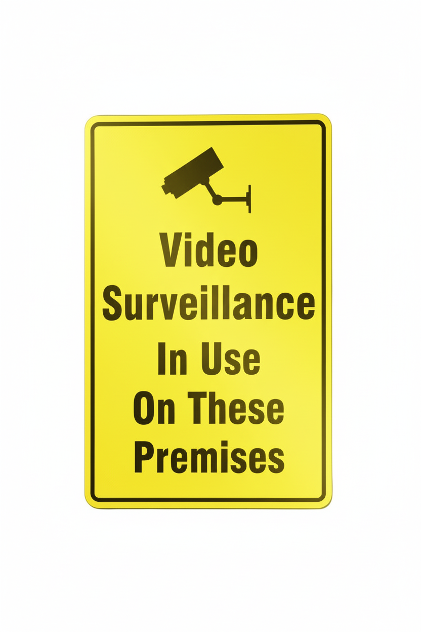 Yellow sign with black text and camera icon, indicating video surveillance on premises.