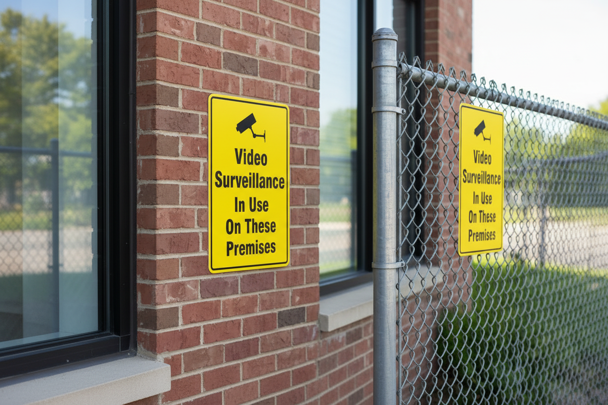 Two yellow 'Video Surveillance In Use On These Premises' signs on a brick building and chain-link fence.