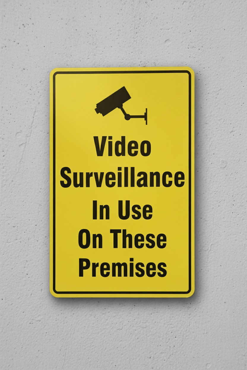 Yellow sign with black text and camera icon on a gray wall