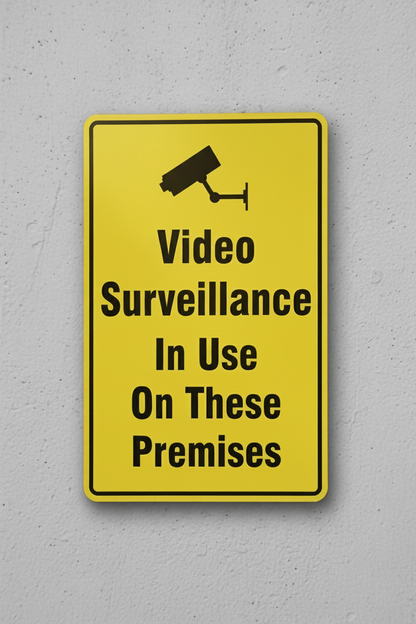 Yellow sign with black text and camera icon on a gray wall