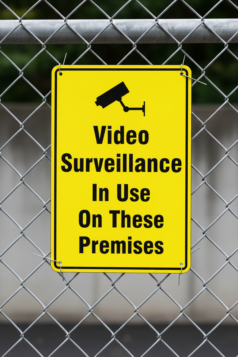 Yellow sign with black text and camera icon on a chain-link fence.