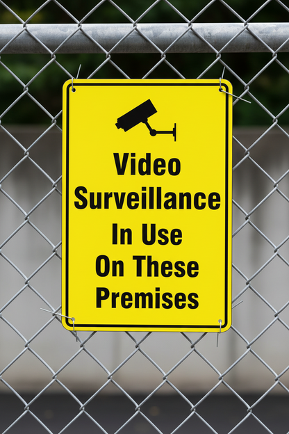 Yellow sign with black text and camera icon on a chain-link fence.