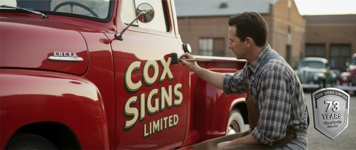 Man interacting with a red truck labeled 'Cox Signs Limited' in an urban setting.