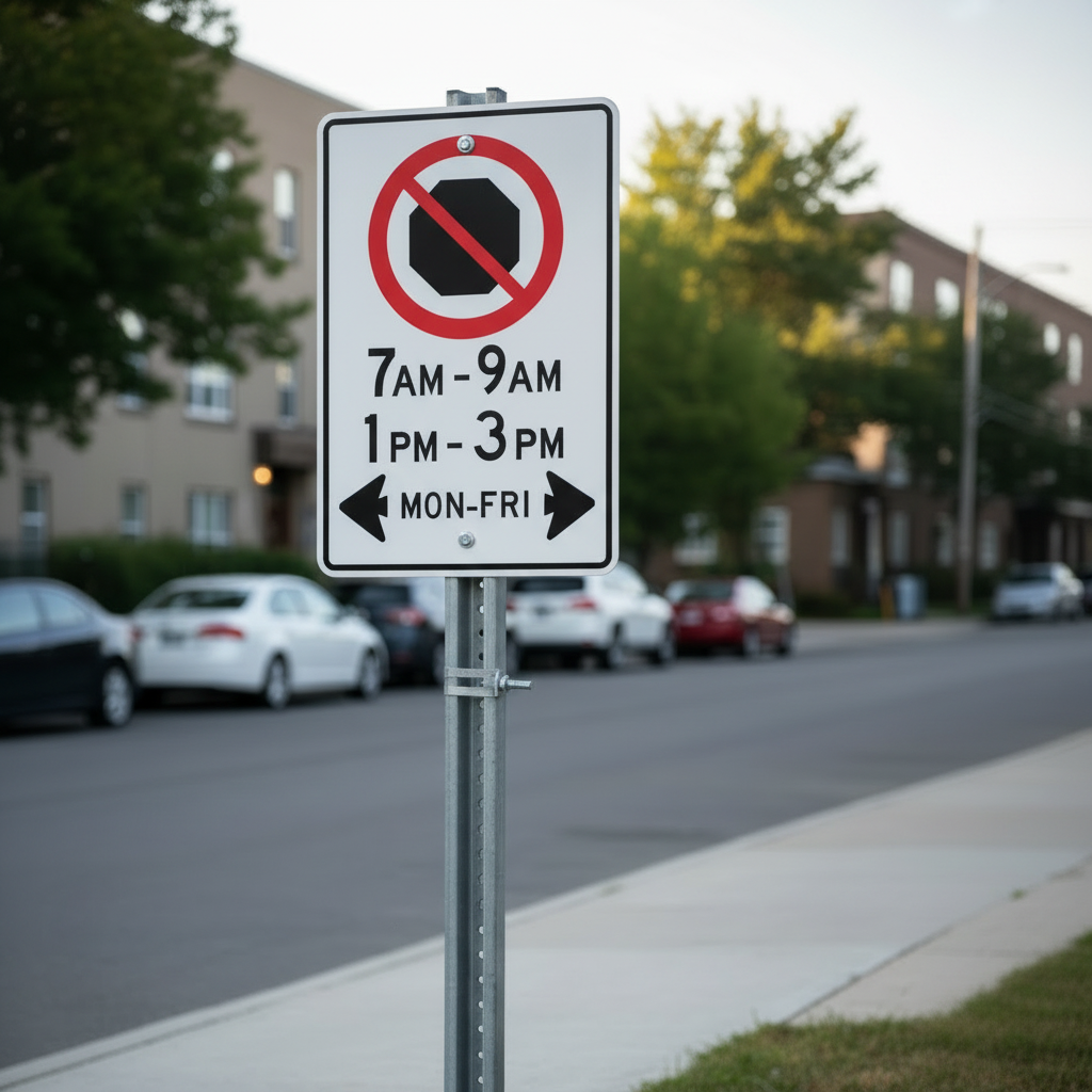 No parking sign with hours and days of operation on a street corner.