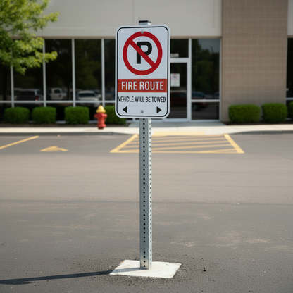 No parking sign on a fire route with a fire hydrant in the background.