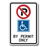 No parking sign with wheelchair symbol and 'By Permit Only' text on a white background