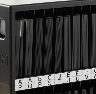 Black Gemini record storage case with labels on a white background