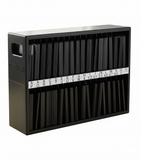 Black file folder organizer with letter and number labels on a white background