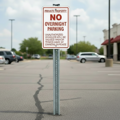 No Overnight Parking Sign installed on a steel U flange post