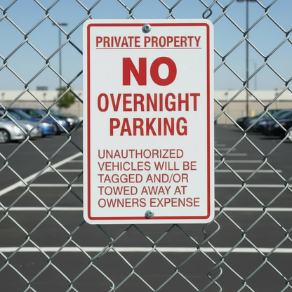 No Overnight Parking Sign  installed on chain link fence